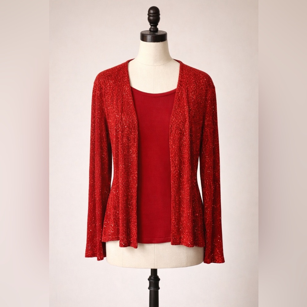 Vintage Mob Wife Red Sparkly Open Cardigan perfect for Holiday